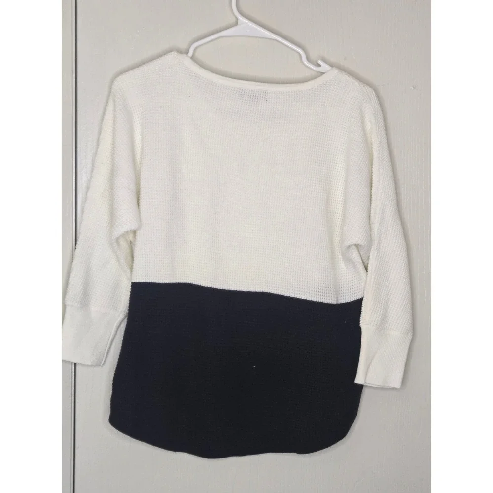 ANA A New Approach Womens Petite PM Colorblock Waffle Knit Sweater Cream Black